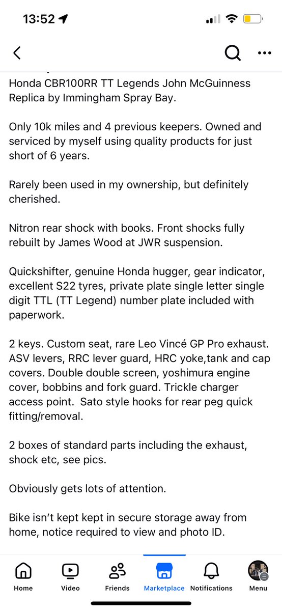 Sadly after 6 years, this <a href="/jm130tt/">John McGuinness MBE</a> replica has to go.  Too many bikes and I can’t ride em all at once apparently 😂