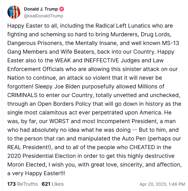 TruthHunters's tweet photo. Here is latest post from #Trump about securing our borders and tackling crime. What's your take on his call to action? #Easter2025 #TrumpMessage #BorderSecurity #CrimePreventionHappy https://t.co/c2INnS3mkz