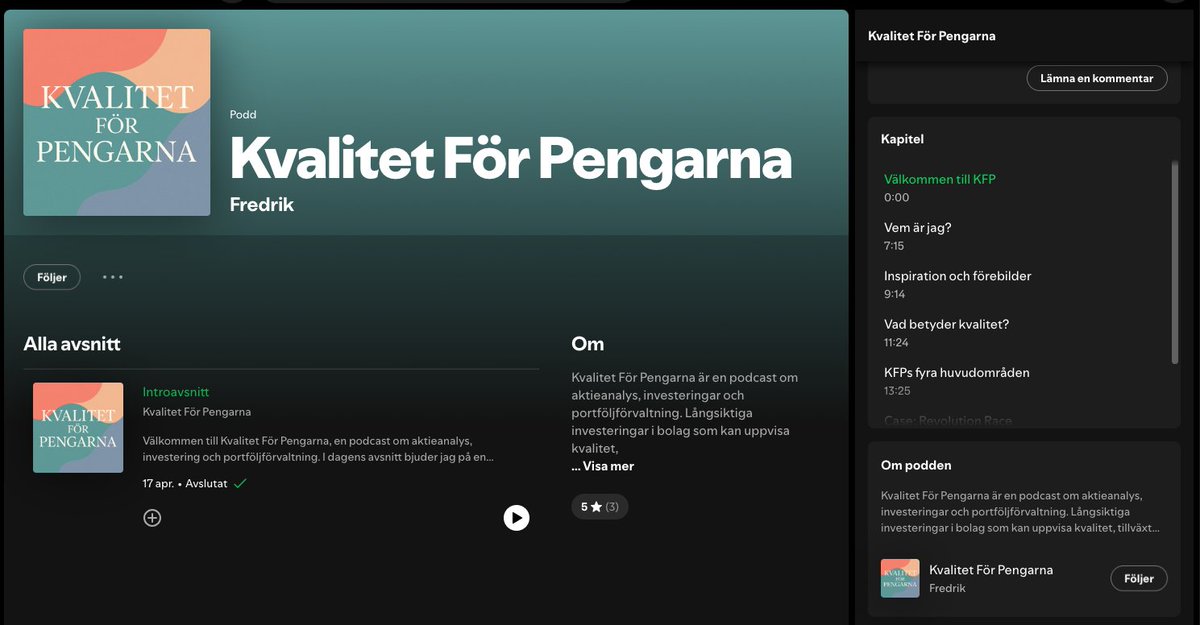 Kvalitet För Pengarna (@fnkontoret) on Twitter photo Kvalitet För Pengarna live på Spotify!
KFP är en podd om analys av kvalitetsbolag med investeringsmetod, aktiecase, portföljförvaltning, mm
Introavsnitt ute nu!
Lyssna, följ, dela!
#finanstwitter
kfpinvest.com
inspirerad av <a href="/Kvalitetsaktie/">Kvalitetsaktiepodden</a>
open.spotify.com/episode/02UIX5… Kvalitet För Pengarna live på Spotify!
KFP är en podd om analys av kvalitetsbolag med investeringsmetod, aktiecase, portföljförvaltning, mm
Introavsnitt ute nu!
Lyssna, följ, dela!
#finanstwitter
kfpinvest.com
inspirerad av <a href="/Kvalitetsaktie/">Kvalitetsaktiepodden</a>
open.spotify.com/episode/02UIX5…