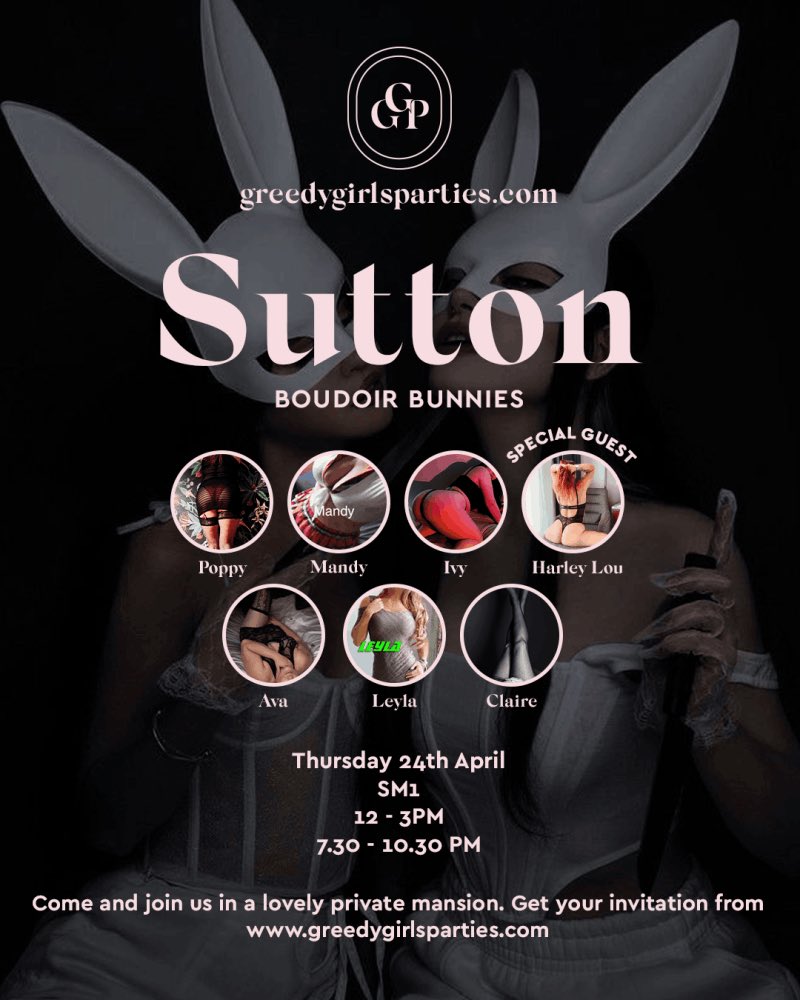 The Original Greedy Girls Parties (@greedygirldeb) on Twitter photo Happy Easter everyone 🐣🐰 we hope you’re all having a great time off so you can come back energised this Thursday 😈✨
Join us Thu 24 April in Sutton with Leyla, Poppy, Claire, <a href="/MlleIvy/">Mademoiselle Ivy 🌿</a> <a href="/Harley_loux/">Harley-Lou_x</a> <a href="/XxxavaXxx/">XxAvaxX</a> <a href="/Mischief_Mandy/">Mischief Mandy 😈❤️</a> 👯♀️👯♀️
Invites:
greedygirlsparties.com/site%204/futur… Happy Easter everyone 🐣🐰 we hope you’re all having a great time off so you can come back energised this Thursday 😈✨
Join us Thu 24 April in Sutton with Leyla, Poppy, Claire, <a href="/MlleIvy/">Mademoiselle Ivy 🌿</a> <a href="/Harley_loux/">Harley-Lou_x</a> <a href="/XxxavaXxx/">XxAvaxX</a> <a href="/Mischief_Mandy/">Mischief Mandy 😈❤️</a> 👯♀️👯♀️
Invites:
greedygirlsparties.com/site%204/futur…