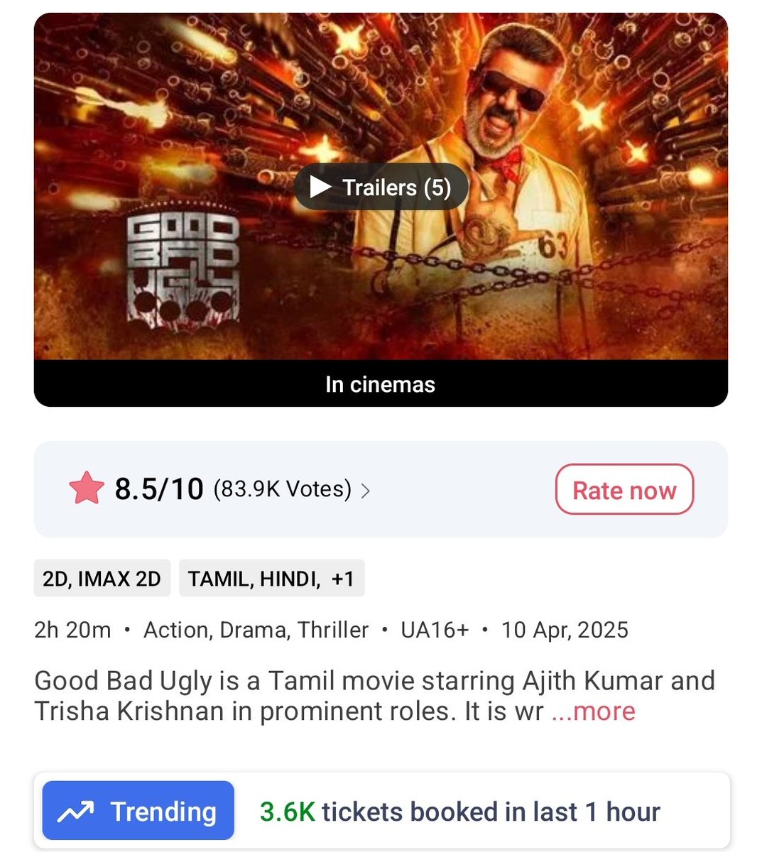 itsnkupdates's tweet photo. 🔥 #GoodBadUgly Box Office Update! 📊
BMS Sales:
- Today (5-6 pm): 3600
- Yesterday: 4430
Total Sales (7 am onwards):
- Today: 45960
- Yesterday: 47040
Consistent performance! 💥 #GoodBadUgly #BoxOfficeNumbers #Ajith https://t.co/1xWtHGOFL1