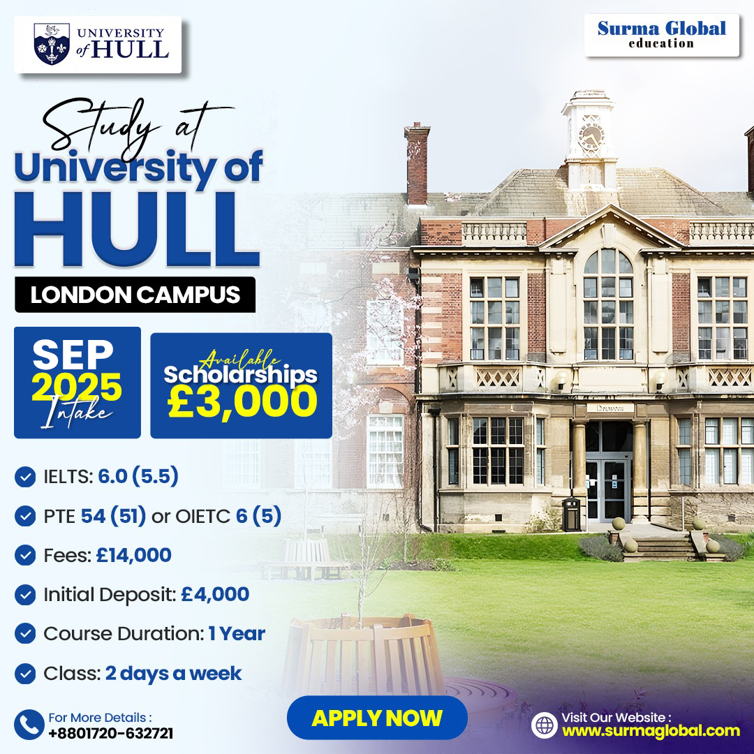 surmaglobal's tweet photo. ✍️ #Why_Choose_the_University_of_Hull?
✅ IELTS 6.0 (5.5) | PTE 54 (51) | ELLT
✅ Up to £3,000 Scholarships available
▶️ 𝐀𝐬𝐬𝐞𝐬𝐬𝐦𝐞𝐧𝐭:  https://t.co/0eo4zhYx0V

𝑭𝒐𝒓 𝒎𝒐𝒓𝒆 𝒅𝒆𝒕𝒂𝒊𝒍𝒔:
📲 01720 632721
📲 01332 855 111
📲 01332 855 112
📧 info@surmaglobal.com https://t.co/3MlNY8CE0k
