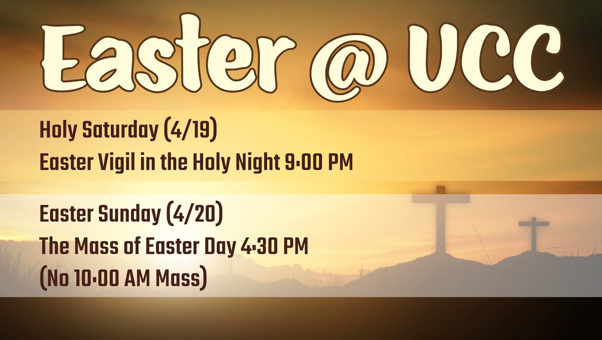 CatholicatUTD's tweet photo. REMINDER: No 10 AM Mass today (4/20). We will gather for the Mass of Easter Day at 4:30 PM @ the UCC! #CatholicATUTD! https://t.co/m39bpEKCdG