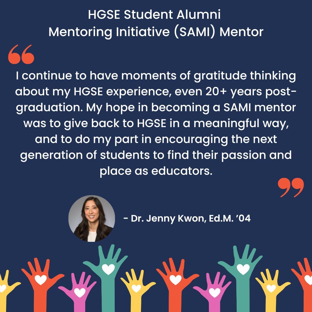 hgse_alumni's tweet image. HAPPY VOLUNTEER APPRECIATION DAY! To round out our amazing #HGSEvolunteer features this month is Dr. Jenny Kwon, Ed.M. &apos;04! Dr. Kwon served as a SAMI mentor during the 2024-2025 academic year. #hgsealumni #harvardeducation