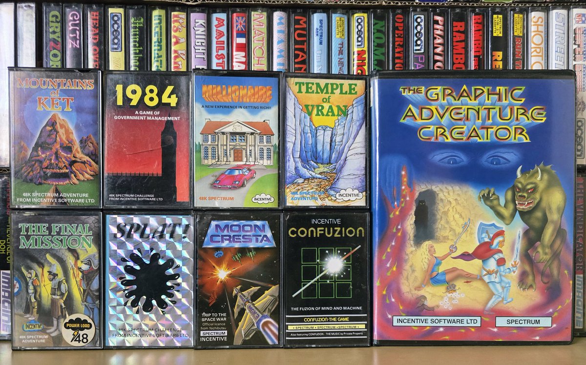 MarkRJones1970's tweet photo. As requested, here's my collection of #ZXSpectrum titles by #IncentiveSoftware.
I probably spent the most time on Splat! BITD, Moon Cresta I copied off a mate at school & I bought myself Driller as a new release one lunch time when I was working at Ocean in 1987.
#RetroGaming https://t.co/mgWrW6vCrQ