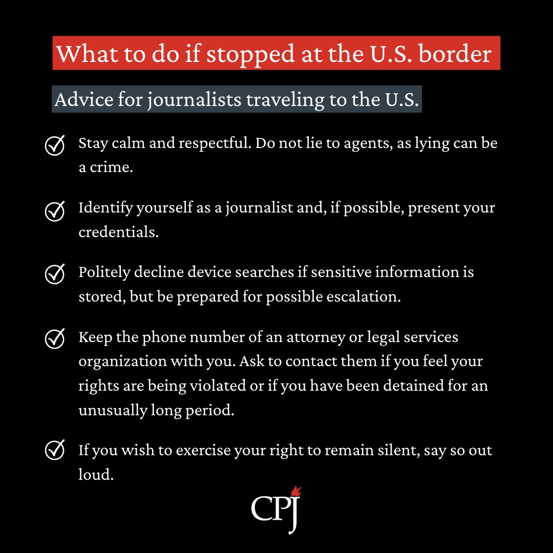 Stopped at the US border?🛑 Journalists should be prepared to face potential restrictions or questioning when entering or leaving the country — and CPJ is here to help.

Read CPJ’s new border safety advisory: cpj.org/2025/04/cpj-sa…
