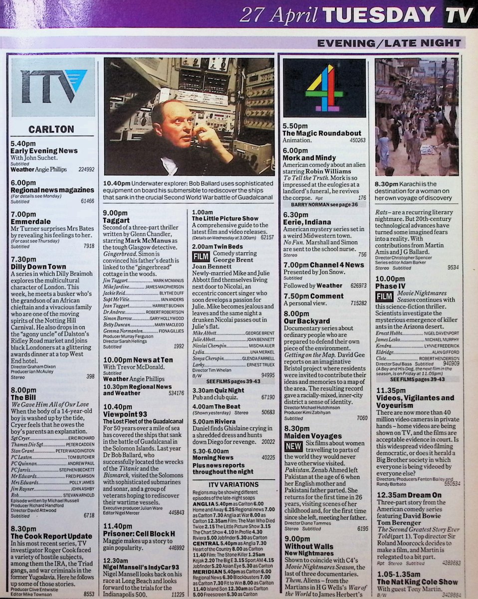 TvDidYouSee's tweet photo. #OnThisDay 27 April 1993 ๐บTV Listings
40 MINUTES catches up with #ErnieWise.
Nigel gets a shock in #EastEnders.
Mr Turner reveals his feelings to Mrs Bates in #Emmerdale.
#MarkMcManus stars as TAGGART.
#CarlaLane's LUV continues.
#RogerCook with THE COOK REPORT UPDATE. https://t.co/ZQtrLWevGx