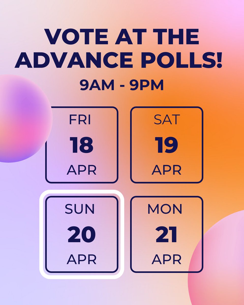 Did you know that you can cast your vote RIGHT NOW? 

Advance polls are open TODAY, April 20th from 9am to 9pm. 

Find your advance polling location at howyouvote.ca!