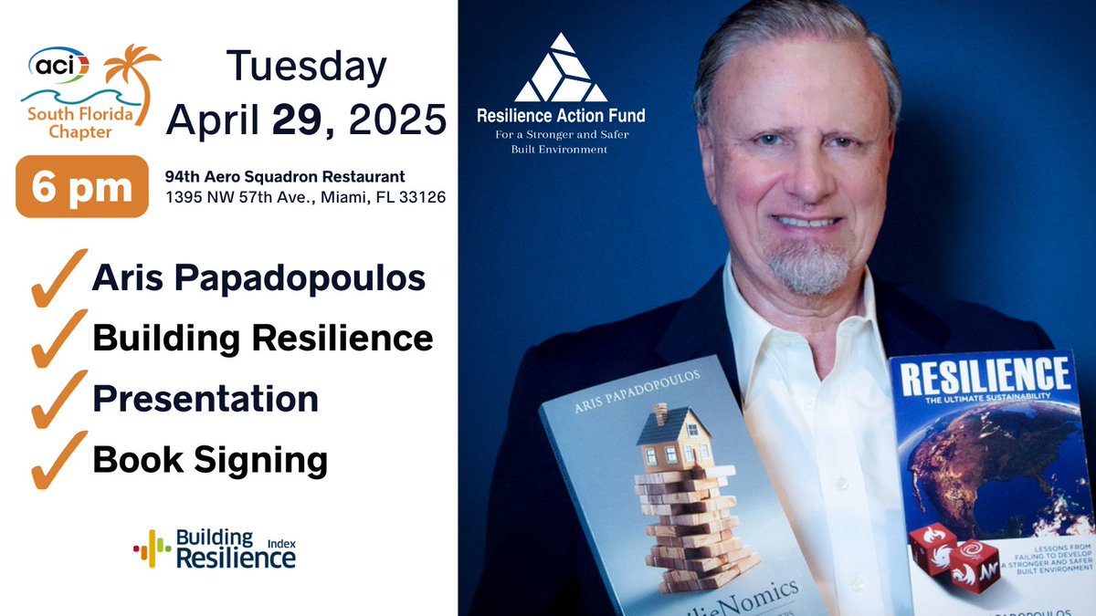 Join us Apr 29 at <a href="/ConcreteACI/">AmericanConcreteInst</a>  South FL Chapter! <a href="/ResilienceAF/">Resilience Action Fd</a>'s Aris Papadopoulos dives into #Buildings #Resilience - crucial for our future.➡️ Registration: southfloridaaci.org/meetinginfo.ph… 

#ClimateResilience #ResilientInfrastructure #DisasterResilience #SustainableBuilding #Concrete