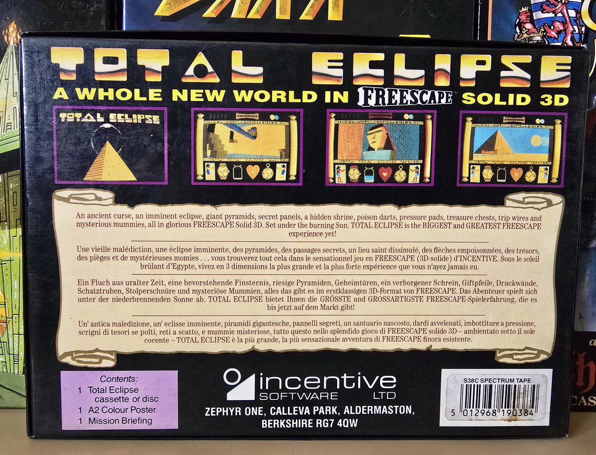 MarkRJones1970's tweet photo. & here's the box to Total Eclipse the right way round & the backs of all 4 Freescape titles #IncentiveSoftware #ZXSpectrum #RetroGaming https://t.co/TyXnMJZLvl