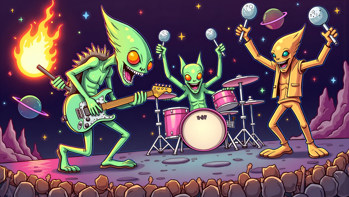 PromptSin's tweet photo. Aliens rock the cosmos in a vibrant, surreal concert! πΈπ
#SurrealArt #AlienBand #CosmicVibes https://t.co/c8Vqg7nFEU
