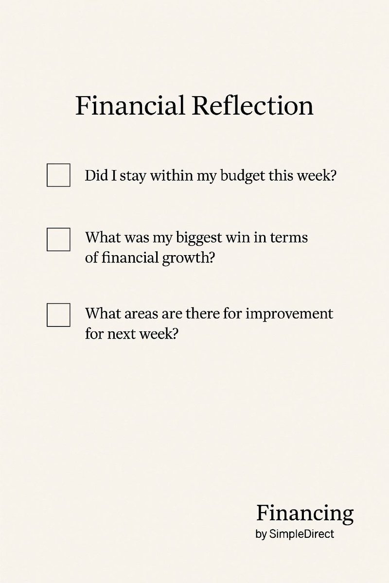 🧠 Weekly Money Check-In:

✅ Did I stick to my budget?

✅ What was my biggest money win this week?

✅ What can I improve next week?

You don’t need perfection. Just progress!