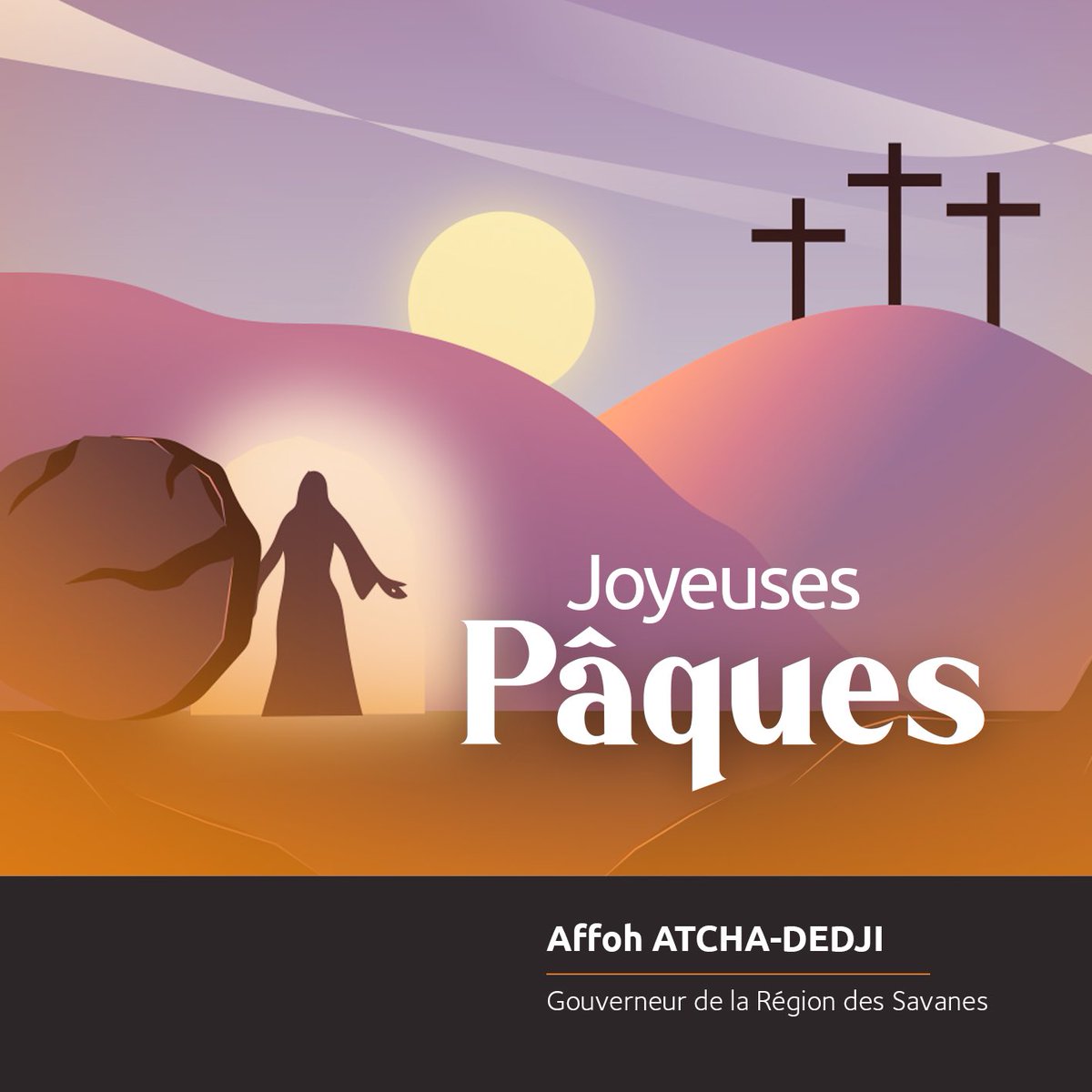 En cette période de Pâques, je souhaite une bonne célébration de la résurrection de Jésus-Christ, symbole d'espoir et de renouveau, à la communauté chrétienne de la Région des Savanes. 

Que cette fête soit pour chacun d'entre vous un moment de joie, de communion, de solidarité