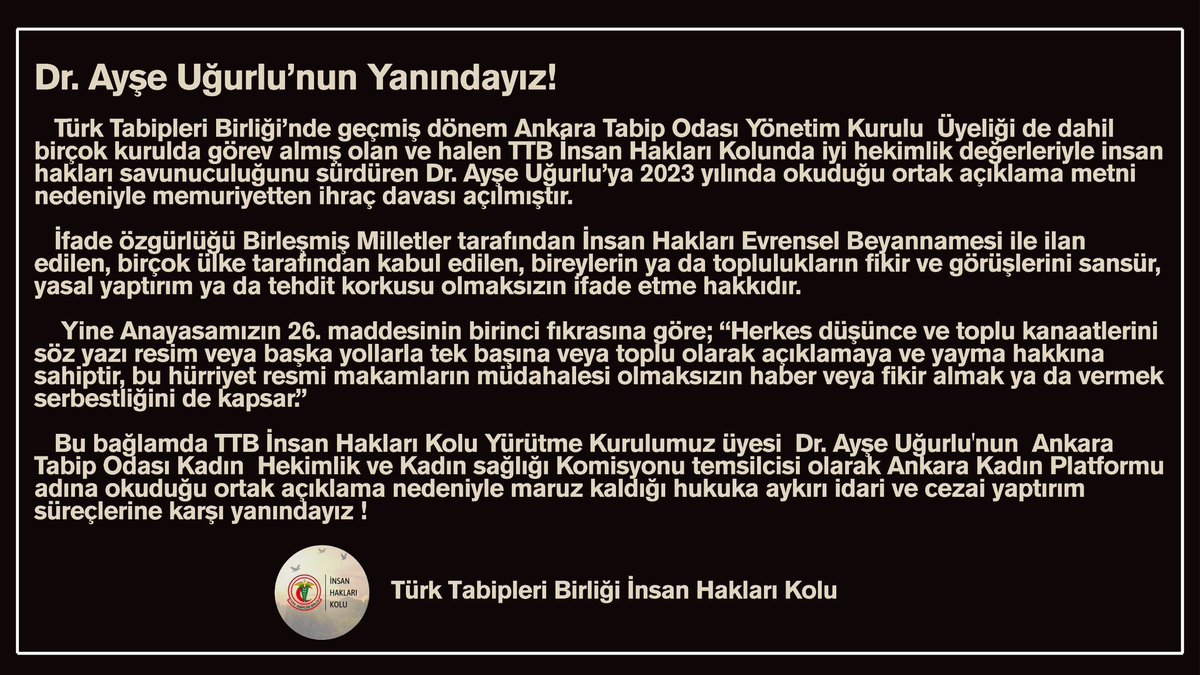 TTB İnsan Hakları Kolu Yürütme Kurulu Üyesi  Dr. Ayşe Uğurlu yalnız değildir!

#DrAyşeUğurluYalnızDeğildir