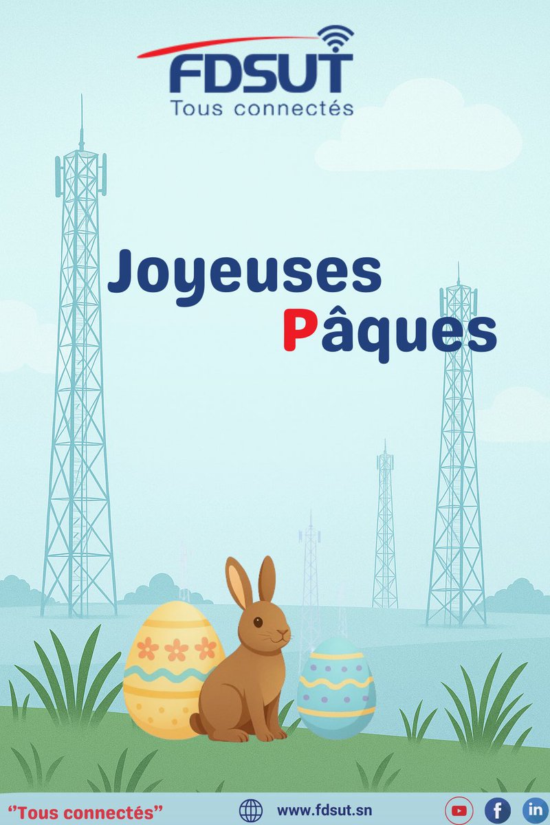 En ce jour de Pâques, toute notre équipe vous souhaite des moments de joie, de partage et de sérénité. Joyeuses Pâques !
<a href="/FDSUT_SENEGAL/">FDSUT - Service Universel des Télécommunications</a> 
#Fdsut #tousconnectes