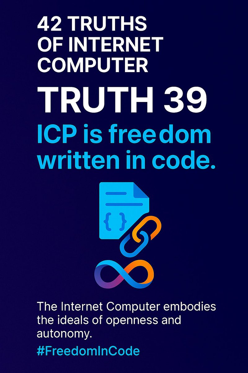 iPhelipeVR's tweet photo. 42 Truths of #InternetComputer
39. #ICP is freedom written in code.
The Internet Computer embodies the ideals of openness and autonomy.
#FreedomInCode https://t.co/0BKAQVvZdI