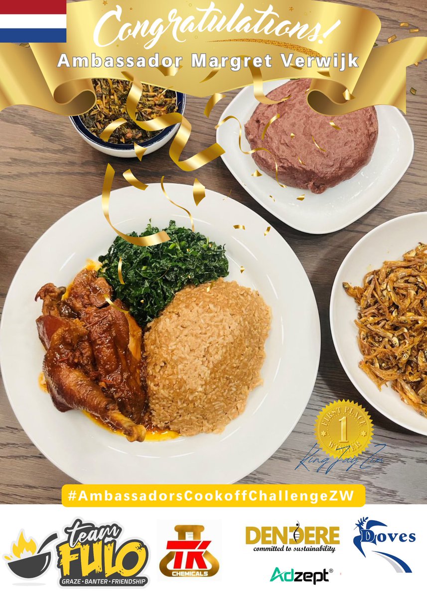 TeamFuloZim's tweet photo. 🥁🥁Congratulations to Ambassador Margret Verwijk for taking the crown at the #AmbassadorsCookoffZW 2025!

Frame 2 by ambassador @MVerwijk absolutely stole the show with bold flavors and flawless execution!

Ambassador @MVerwijk wins products  following for onward donation to a charity or cause of  her choosing sponsored by @TKChemicalsZim 

Makorokoto! Amplophe!
We’re still dreaming about that #RoadrunnerChicken and #PeanutButterRice and the extra combo presented by @MVerwijk 

Let the celebrations begin! 

Our Sponsors:
@TKChemicalsZim
@doves_holdings
@dendereagro

Our Amazing Ambassadors:
@AusEmbZim @AristildeCanada @berna_kasnakli
@muradbaseer @MVerwijk @PaulBBarets @PeteVowles

With love from:
@TeamFuloZim
@KingJayZim | @Lialarsen | @babatafi | @Vie_matongo  @fulodetectives