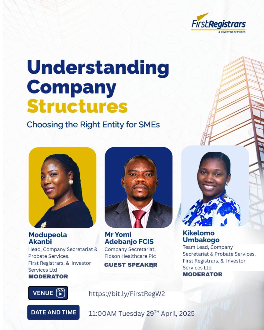 FirstRegistrars's tweet image. Choosing the right company structure is key for SME success! 
Join experts Modupeola Akanbi, Mr. Yomi Adebanjo FCIS, and Kikelomo Umbakogo as they break it down. 
Date: 29th April, 2025 | 11:00 AM. 
Venue: bit.ly/FirstRegW2 
#SMEs #BusinessGrowth #CompanyStructure