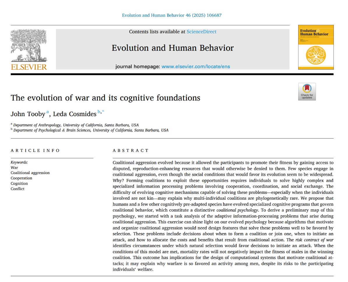 JaimieKrems's tweet photo. Out today in @EvolHumBehav---

after nearly 40 YEARS---

"The evolution of war and its cognitive foundations" from Tooby + Cosmides

Interested in the history + slow progress of science? 
🚨Don't skip the Author's Note🚨

Link 👇 https://t.co/4hkK3IlxPE
