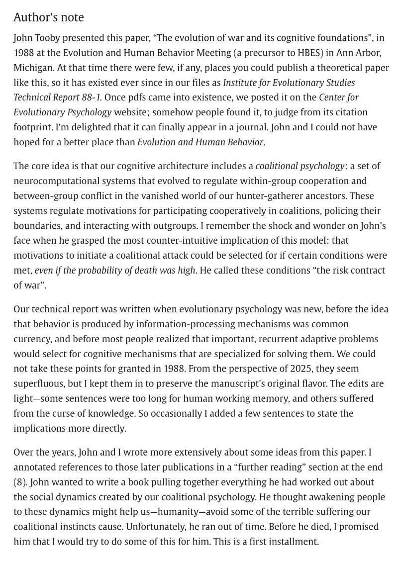 Out today in <a href="/EvolHumBehav/">E&HB</a>---

after nearly 40 YEARS---

"The evolution of war and its cognitive foundations" from Tooby + Cosmides

Interested in the history + slow progress of science? 
🚨Don't skip the Author's Note🚨

Link 👇