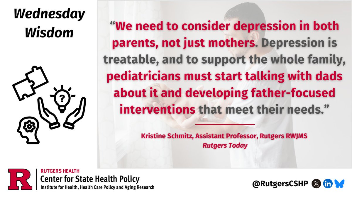 Rutgers CSHP (@rutgerscshp) on Twitter photo Today we’re sharing some #WednesdayWisdom from Kristine Schmitz, assistant professor of pediatrics at <a href="/RWJMS/">Rutgers RWJMedSchool</a>.
She was part of a #research team that examined how paternal #depression can have persistent negative social and behavioral effects on #children: go.rutgers.edu/byyfgv6j Today we’re sharing some #WednesdayWisdom from Kristine Schmitz, assistant professor of pediatrics at <a href="/RWJMS/">Rutgers RWJMedSchool</a>.
She was part of a #research team that examined how paternal #depression can have persistent negative social and behavioral effects on #children: go.rutgers.edu/byyfgv6j