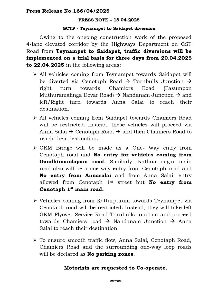 ChennaiTraffic's tweet image. 🚧 Due to the ongoing construction of the 4-lane elevated corridor on GST Road (Teynampet to Saidapet), the following traffic diversions will be in effect on a trial basis from 20.04.2025 to 22.04.2025. Plan your routes accordingly!

#TrafficUpdate #GSTRoad #ChennaiPolice