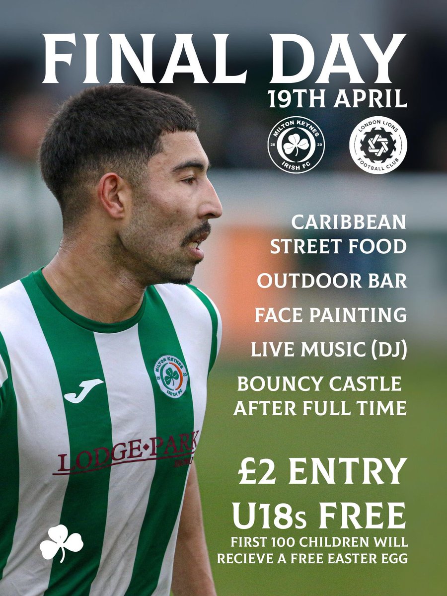 ☘️⚽️ | NEXT UP

One more league game to finish the season. We host London Lions tomorrow 3pm kick off at Manor Fields.

£2 entry and we will be presented with the league trophy at Full time ☘️

#NonLeague #UpTheIrish #SSML