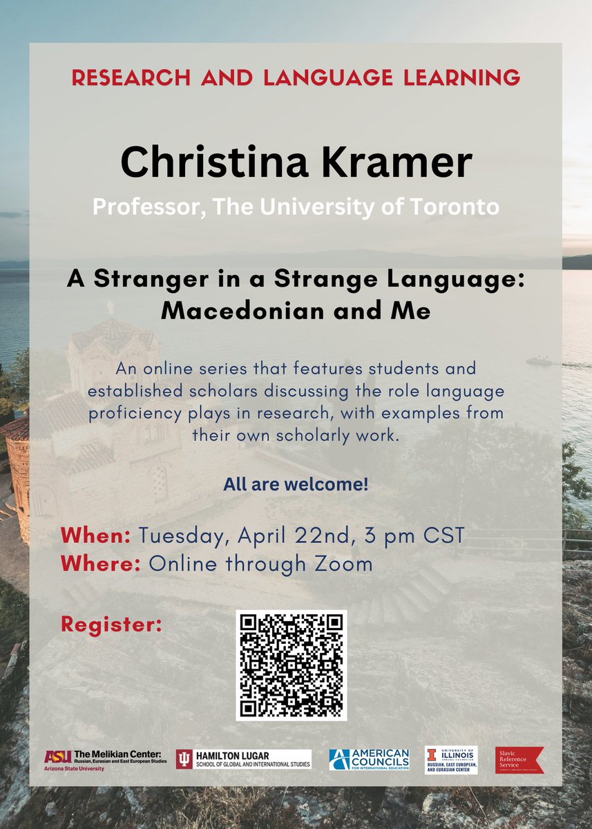iulangworkshop's tweet photo. Join us for an exciting online series, A Stranger in a Strange Language: Macedonian and Me! 🌍

🗓️ Date: Tuesday, April 22nd 🕒 Time: 3 pm CST 💻 Featuring: Retired Professor Christina Kramer from the University of Toronto

#iulanguageworkshop #indianauniversity #hls #iu https://t.co/u99hd2i7wi