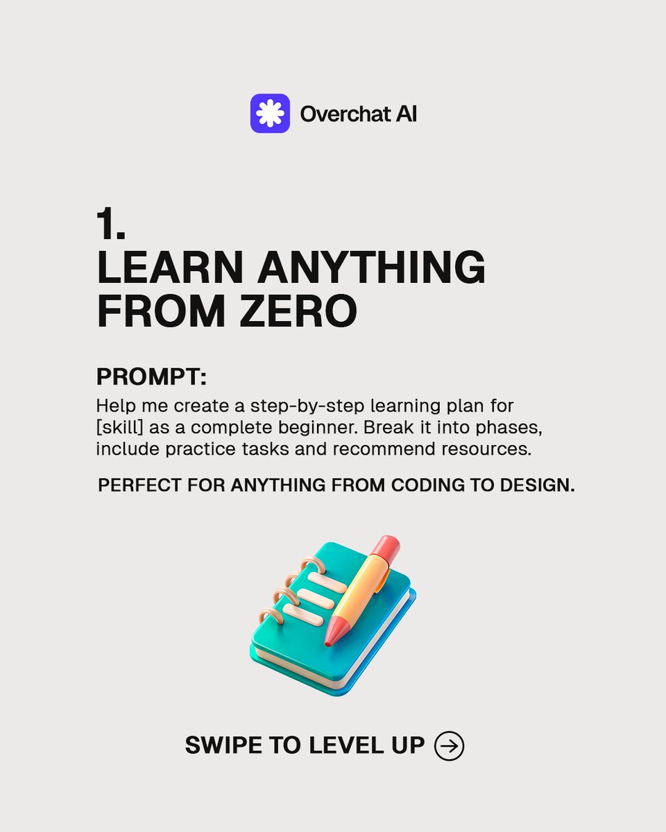 OverchatAI's tweet image. Want to learn faster and stay motivated?
These 5 Free AI Chat prompts will help you master any topic, build daily habits, and level up your skills.
Just swipe, save, and use them with OverchatAI.

#FreeAIChat #AIChaforStudents #StudyHack #OverchatAI #AIPrompts #LearningWithAI