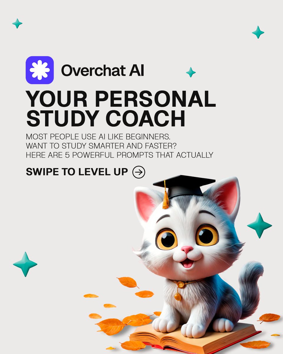 OverchatAI's tweet image. Want to learn faster and stay motivated?
These 5 Free AI Chat prompts will help you master any topic, build daily habits, and level up your skills.
Just swipe, save, and use them with OverchatAI.

#FreeAIChat #AIChaforStudents #StudyHack #OverchatAI #AIPrompts #LearningWithAI