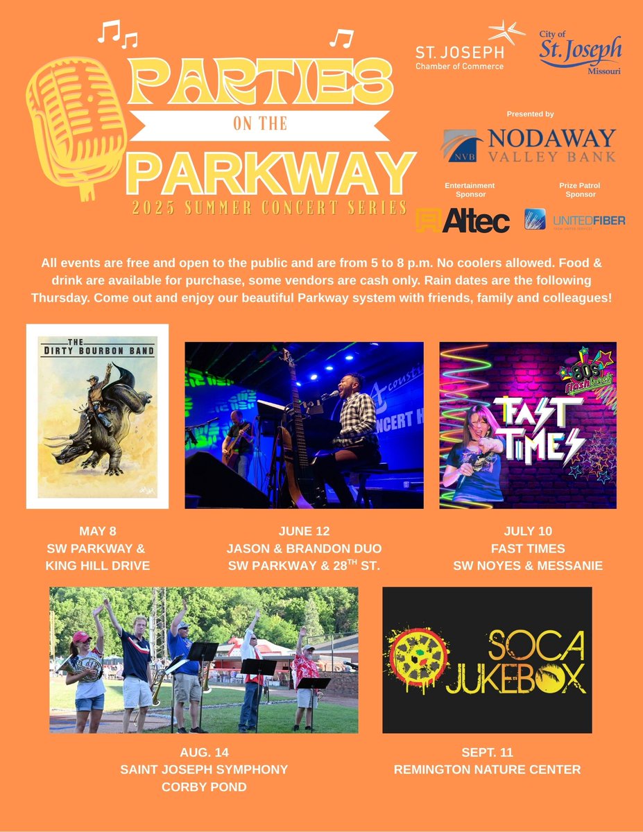 Drum roll please....the calendar is officially set for the most fun weeknight you'll have all summer. Once a month, come out on Thursday night to soak up some sun, fresh air, live music, food, drinks and fun. 

It's free to attend thanks to our generous sponsors. #sjchamber