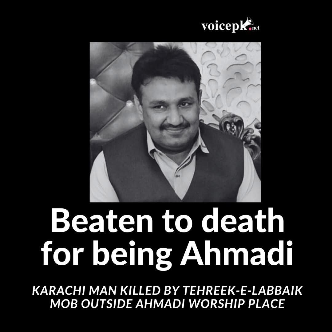 Advjalila's tweet photo. Forty six (46) year old Laeeq Cheema, who belonged to the Ahmadiyya community, was lynched on Friday, by a mob of several hundred workers from Tehreek-e-Labbaik Pakistan (TLP), a far right religio-political party in the jurisdiction of the Preedy police station, in Karachi’s Saddar (mobile market) area.
Cheema was beaten so badly that he succumbed to his wounds before he could be taken to the hospital.

https://t.co/hL6K0j0QRk