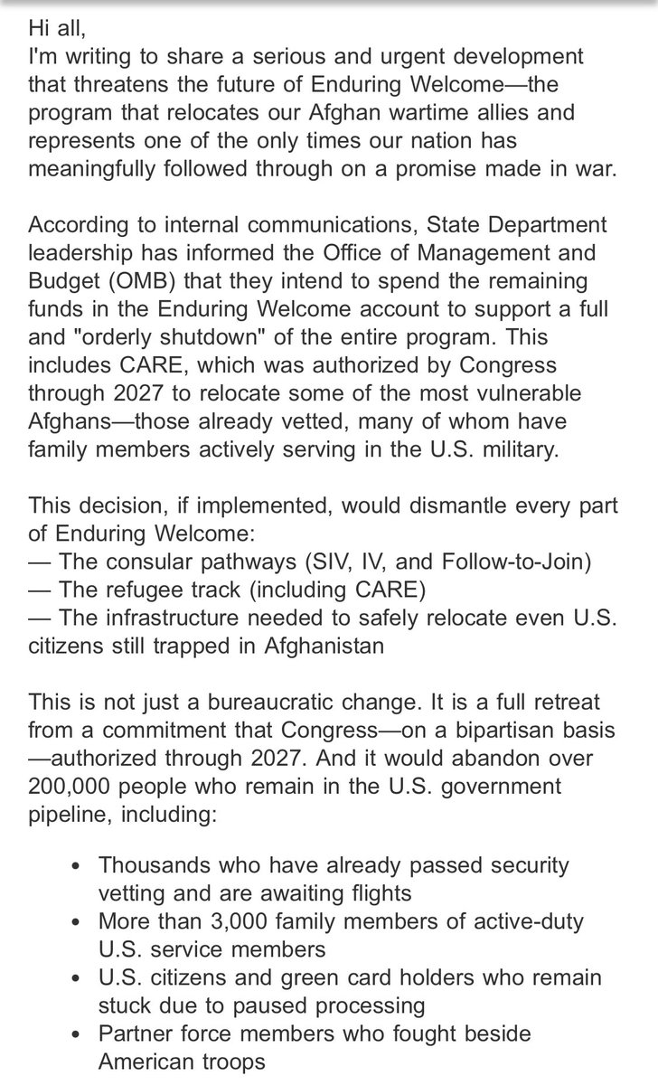 Dear Mr. Sawn Does shutting down CARE mean Afghans in third countries (like Pakistan, UAE, or Qatar) will also lose their chance to be relocated to the U.S., even if they are already vetted?
<a href="/StateDept/">Department of State</a> <a href="/StateRefugee/">RStateRefugee</a> <a href="/AliMayorkas/">Alejandro Mayorkas</a> #EnduringWelcome <a href="/shawnjvandiver/">Shawn VanDiver</a>