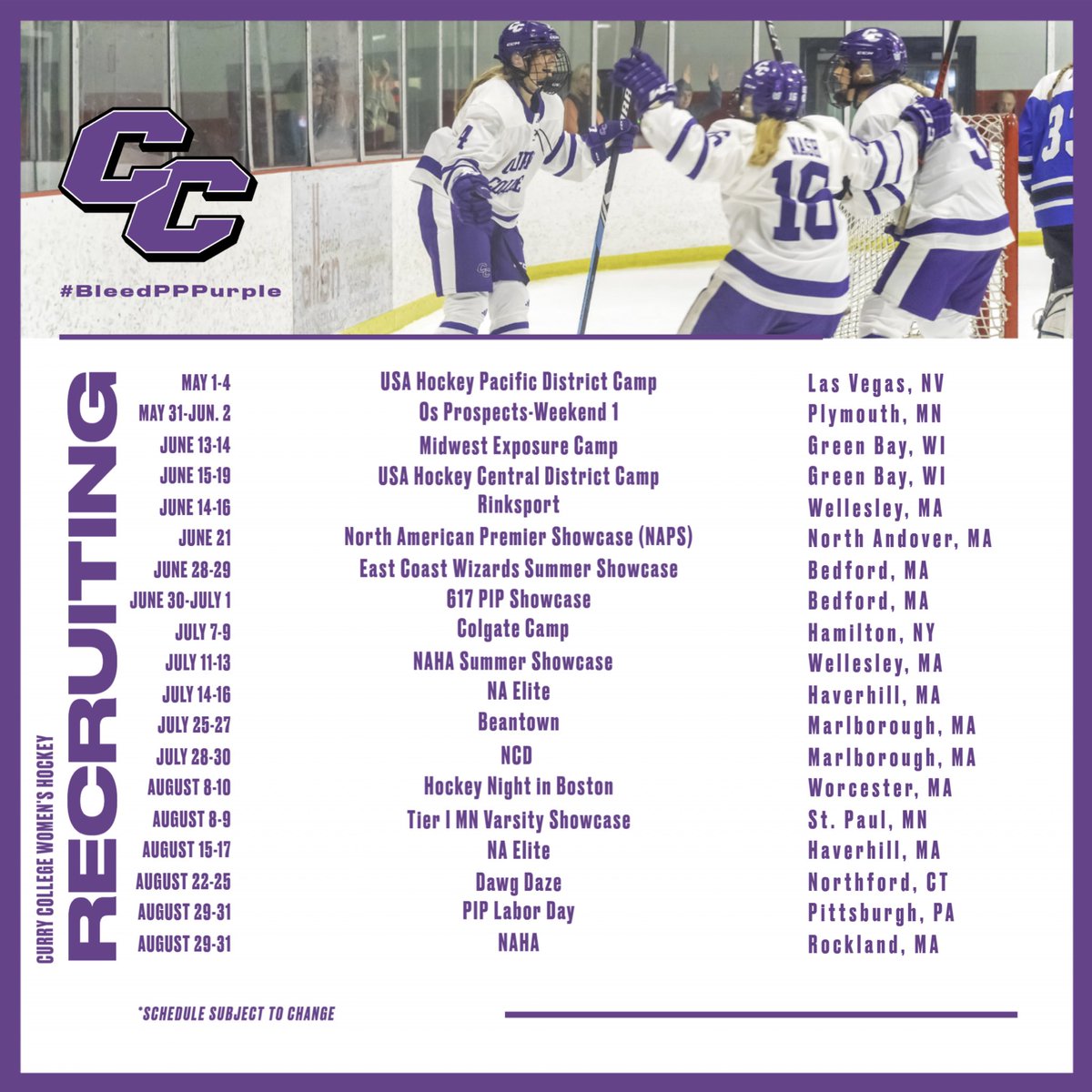 CurryWIH's tweet photo. Recruits and prospective players, check out where the Curry coaches will be this spring and summer! #RecruitingTrail #BleedPPPurple #FutureColonels #d3hky 

*Schedule subject to change https://t.co/hlaWX3zJuT