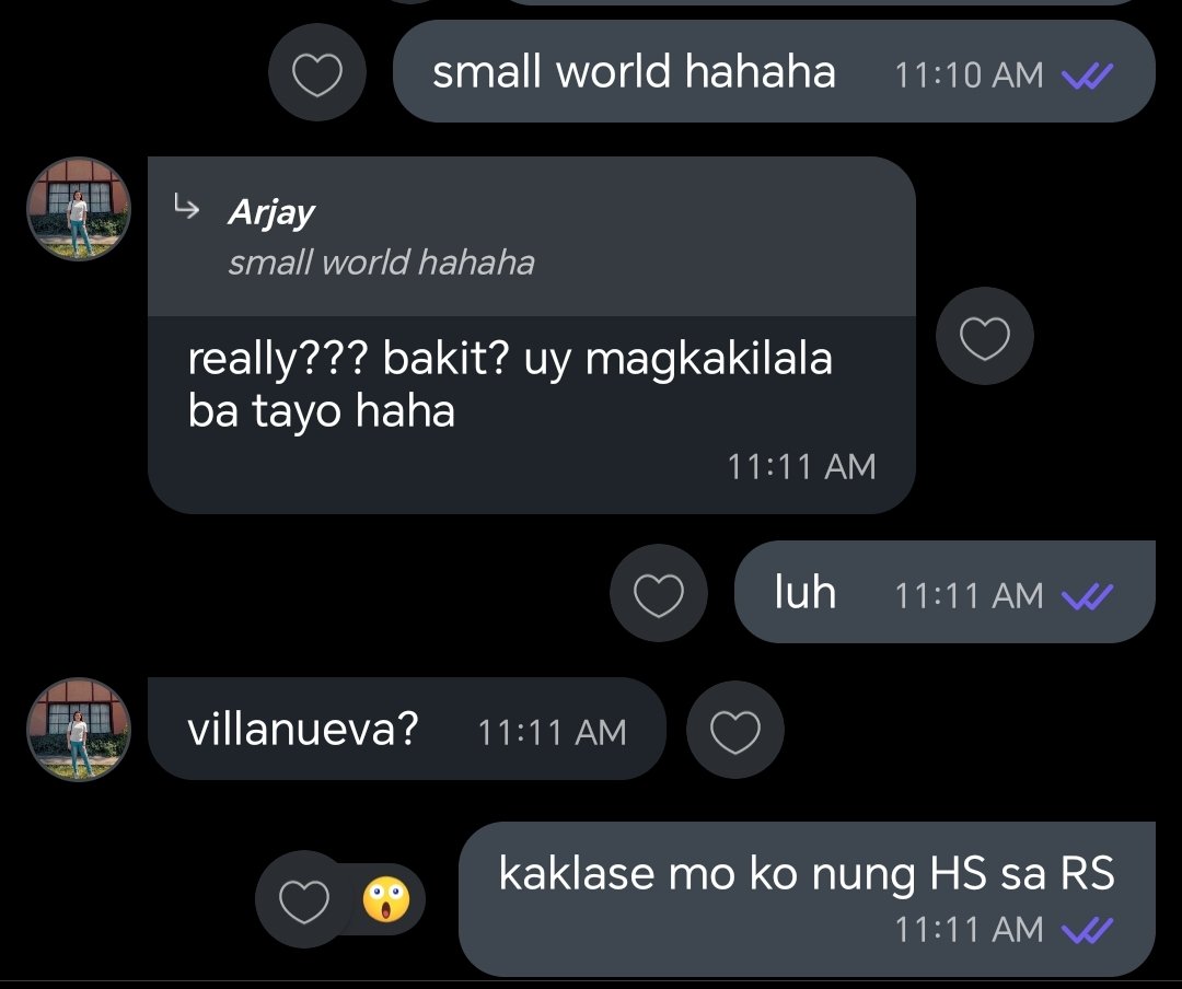 Haha more than 10 yrs of not seeing each other after graduation in HS. We're now in the same company.

We're classmates  1st year then I got transferred sa second section. But naging partners during foundation day and JS Prom. Shocked kami into running to each other again.