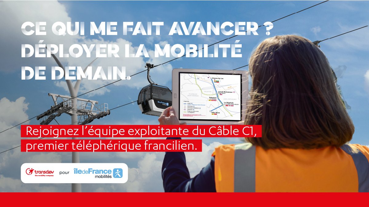 TransdevIDF's tweet photo. 🚡#TransdevRecrute pour le compte d'@IDFmobilites des managers pour le Câble C1 !
✅Vous contrôlerez et surveillerez le fonctionnement de l'appareil, vous serez aussi le garant de l'entretien et de la sécurité du service
Pour nous rejoindre, postulez ici▶️https://t.co/mHlNTTxSBn https://t.co/8OFC4eBsPY