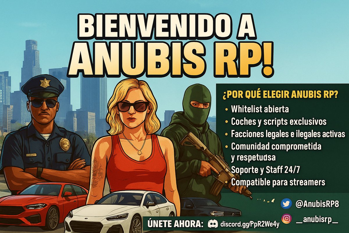 CMCloudOfficial's tweet photo. 🚨 ¿Estás buscando un servidor de GTA V Roleplay en español donde el roleo sea serio, la comunidad esté activa y cada historia sea única?

💥 ¡Bienvenido a ANUBIS RP! 💥

📍 Servidor basado en Los Santos con una ambientación cuidada, personajes carismáticos, economía realista y eventos que marcan un antes y un después.

🎮 ¿Por qué elegir Anubis RP?

✅ Whitelist abierta
✅ Coches y scripts exclusivos
✅ Facciones legales e ilegales activas
✅ Comunidad comprometida y respetuosa
✅ Soporte y Staff 24/7
✅ Compatible para streamers
✅ Optimizado para PCs de gama media
📲 ÚNETE AHORA: https://t.co/P5sbKuiaeV
🐦 Twitter: @AnubisRP8
📸 Instagram: anubisrp
👑 No juegues a ser otro...
🔞 ¡Vive tu mejor vida en ANUBIS RP!

#AnubisRP #GTA5RP #ServidorRP #RoleplayES #GTAOnlineRP #WhitelistAbierta #GTAVRP #RPespañol #FiveM #LosSantosRP #GTAESP #GTARP #ServidorGTA #GTA5Roleplay #SpanishRP #ComunidadRP #GTA6RP #ServidorDeRoleo #Anubis #GTA #GamerESP
