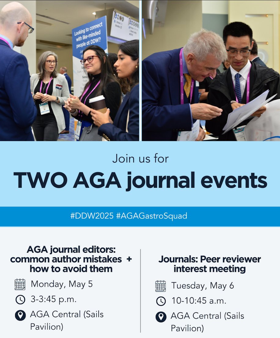 Joseph Sleiman, MD, FACP (@josephhabibi_md) on Twitter photo AGA journal sessions at <a href="/DDWMeeting/">Digestive Disease Week</a> 2025 <a href="/AmerGastroAssn/">American Gastroenterological Association (AGA)</a>
Talk to journal editors from <a href="/AGA_CGH/">CGH</a> <a href="/AGA_GHAdvances/">Gastro Hep Advances</a> <a href="/AGA_Gastro/">Gastroenterology</a> and learn tips & tricks to publish
More info here: gastro.org/news/youre-inv… AGA journal sessions at <a href="/DDWMeeting/">Digestive Disease Week</a> 2025 <a href="/AmerGastroAssn/">American Gastroenterological Association (AGA)</a>
Talk to journal editors from <a href="/AGA_CGH/">CGH</a> <a href="/AGA_GHAdvances/">Gastro Hep Advances</a> <a href="/AGA_Gastro/">Gastroenterology</a> and learn tips & tricks to publish
More info here: gastro.org/news/youre-inv…