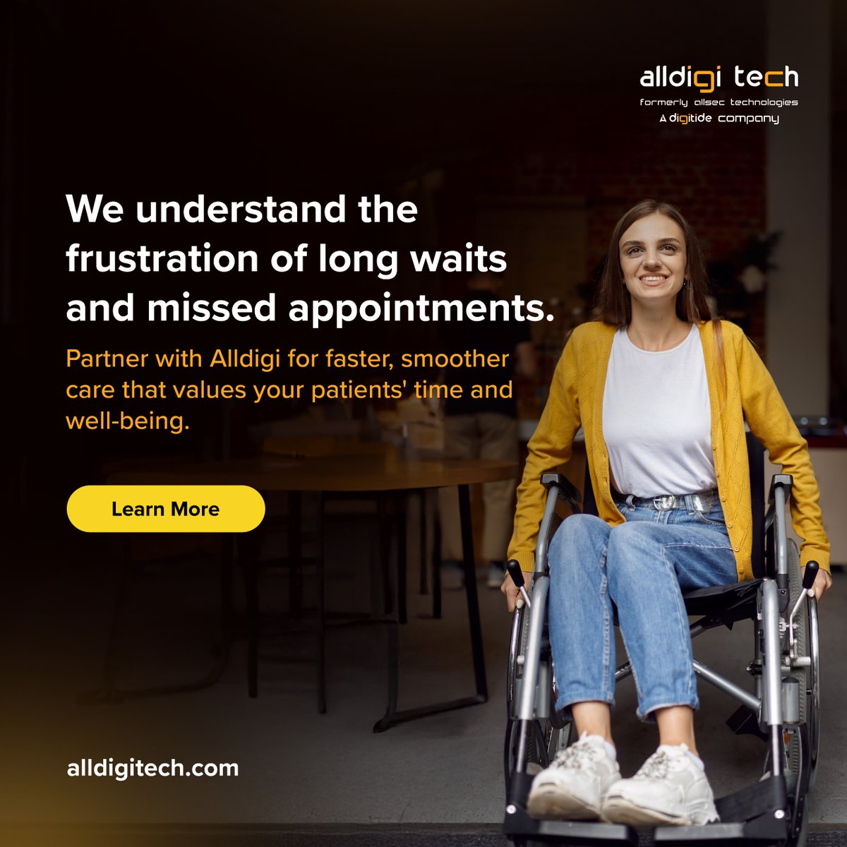 Long waits and missed appointments hurt patient care.

Alldigi Tech helps you deliver faster, smoother experiences.

Let’s improve healthcare, together - alldigitech.com/healthcare/
.
.
#AlldigiTech #DigitalHealth #HealthTech