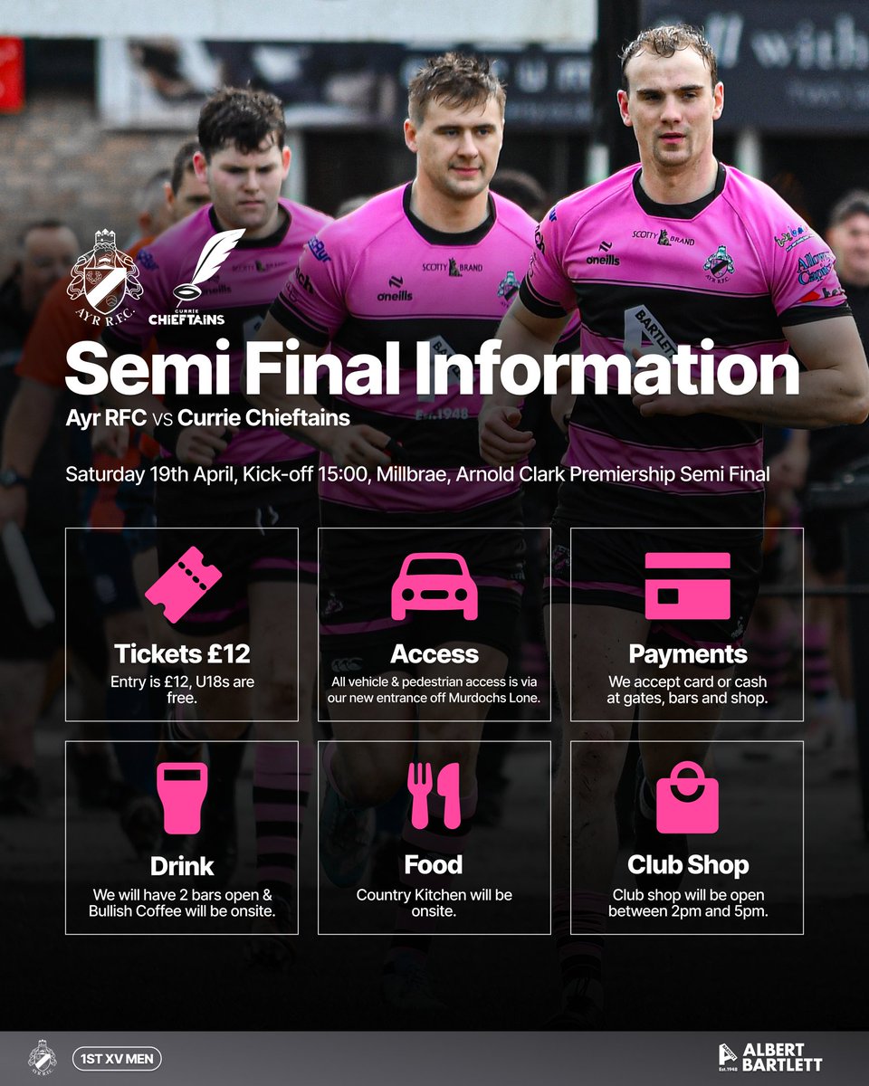 Ayr RFC (@officialayrrfc) on Twitter photo Matchday Information for tomorrow afternoon's Semi Final at Millbrae - Ayr RFC vs <a href="/ChieftainsRC/">Currie Chieftains</a> 👇
ℹ️ Remember, for the play-offs, entry is not included in your membership, tickets can be bought on our Fanbase app or on the gate.
Get tickets ➡️ loom.ly/DBtJ0AU Matchday Information for tomorrow afternoon's Semi Final at Millbrae - Ayr RFC vs <a href="/ChieftainsRC/">Currie Chieftains</a> 👇
ℹ️ Remember, for the play-offs, entry is not included in your membership, tickets can be bought on our Fanbase app or on the gate.
Get tickets ➡️ loom.ly/DBtJ0AU