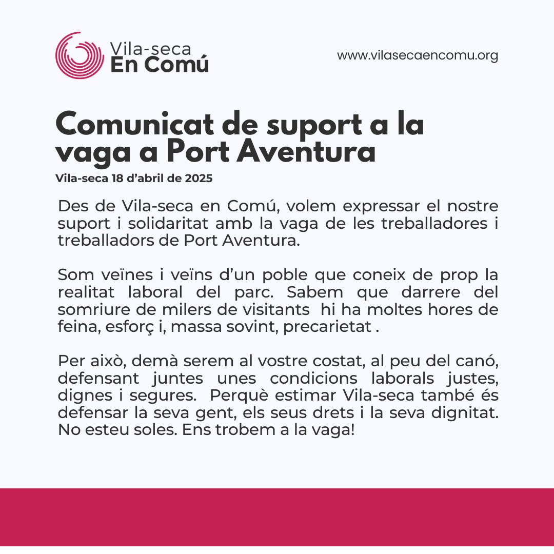 VilasecaEnComu's tweet photo. 🔴 Des de Vila-seca en Comú donem tot el nostre suport a la vaga de les treballadores i treballadors de Port Aventura. Demà hi serem.
Perquè sense drets no hi ha justícia.
Perquè estimar Vila-seca és cuidar la seva gent. 
✊ #PortAventuraEnVaga #TreballDigne https://t.co/U5PYqwjHqh