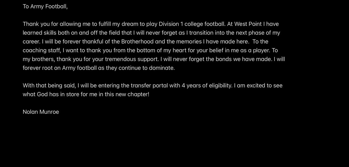 MunroeNolan's tweet photo. I have entered the transfer portal with 4 years of eligibility remaining. Excited for the next chapter! Coaches my DMs are open📬

@RivalsPortal @CollegeFBPortal @lawdoc4 @coachmicahjd https://t.co/xJCghhVlcX