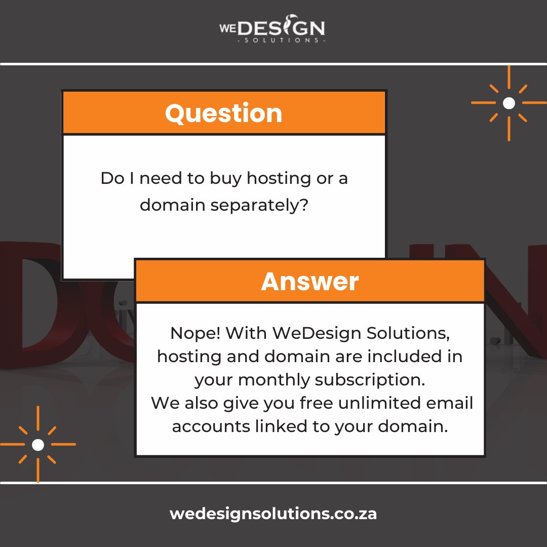 WeDesignZA's tweet photo. With WeDesign Solutions, your domain, hosting, and even unlimited email accounts are all included.

No stress, no hidden fees, just smooth, professional web support from day one.

Get started today and keep your business online effortlessly! 🚀

https://t.co/ZjNKM300G9 https://t.co/hGOZ2O874E
