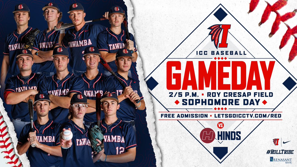 #ICCBSB GameDay!
⚾ vs Hinds
⏰ 2 | 5 p.m.
📍 Roy Cresap Field
🗓️ Sophomore Day
🎟️ Free Admission
📺 LetsGoICCTV.com/red
ℹ️ GameDay Program: view.gogipper.com/page/2636070 
🏹 #RollTribe