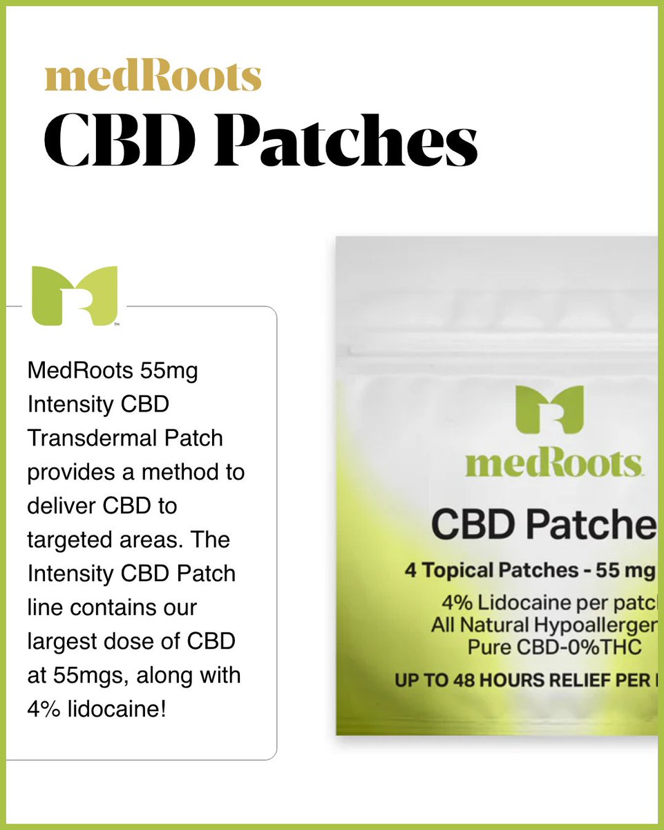 MedRootsCBD's tweet image. PRO TIP: Use our Transdermal CBD Patches for long-lasting relief.

Stick it on, go about your day, and let the CBD absorb over time. Perfect for hips, lower back, or anywhere you need support »» medroots.com/products/inten…

#CBDPatch #OnTheGoRelief