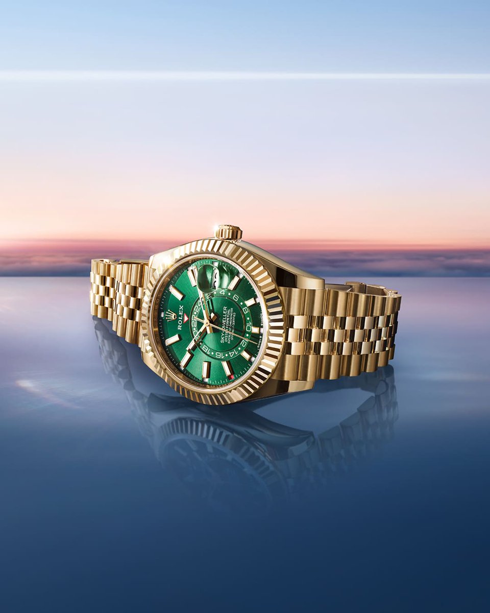 laminedor's tweet photo. For the first time, the @Rolex Sky-Dweller brings together two of the brand’s iconic colours, juxtaposing a sunray-finished, bright green dial with a case and bracelet in 18ct yellow gold.⁠
⁠⁠
#Rolex #SkyDweller #WatchesAndWonders2025 #OfficialRolexRetailer #LaMinedOr https://t.co/kGejp3EP64