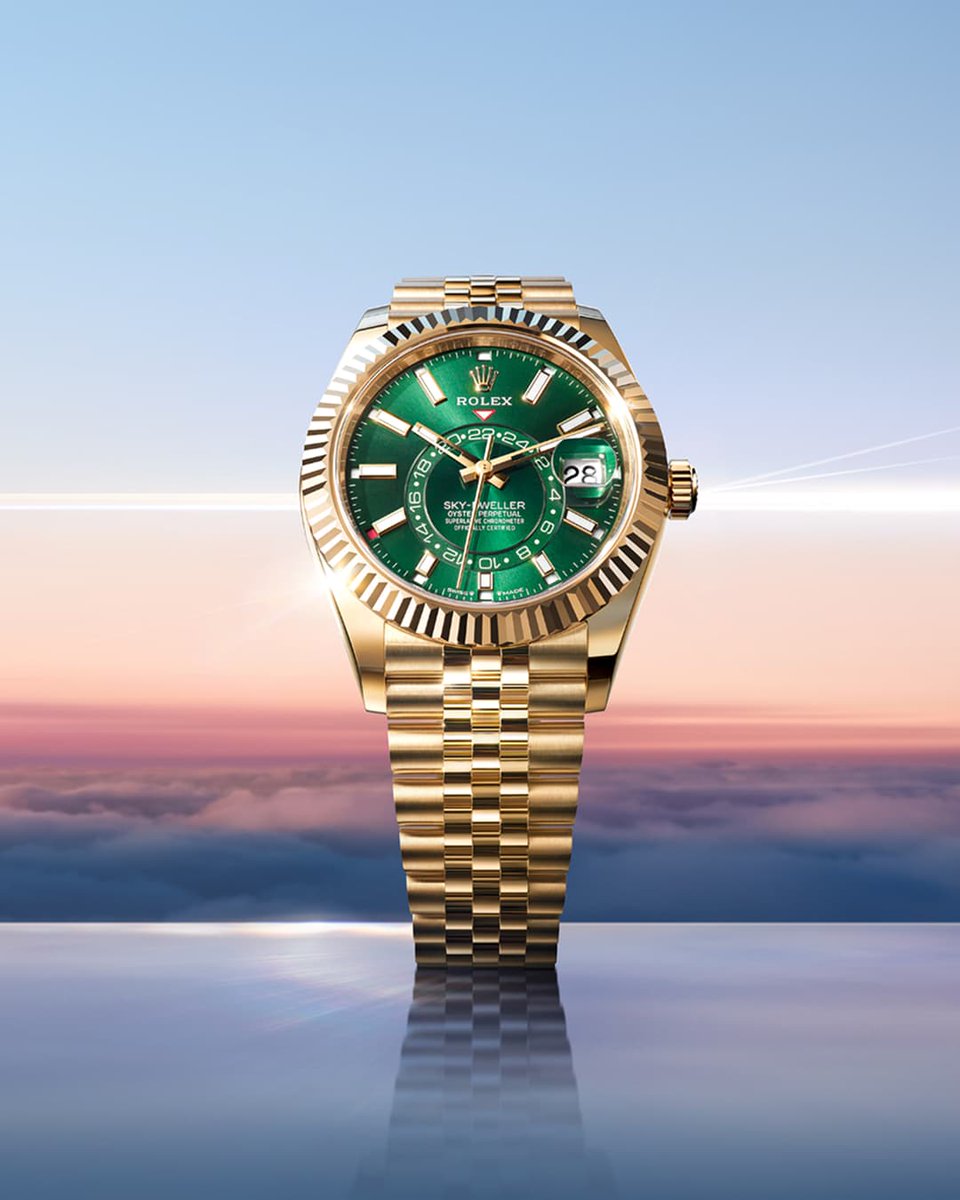 laminedor's tweet photo. For the first time, the @Rolex Sky-Dweller brings together two of the brand’s iconic colours, juxtaposing a sunray-finished, bright green dial with a case and bracelet in 18ct yellow gold.⁠
⁠⁠
#Rolex #SkyDweller #WatchesAndWonders2025 #OfficialRolexRetailer #LaMinedOr https://t.co/kGejp3EP64