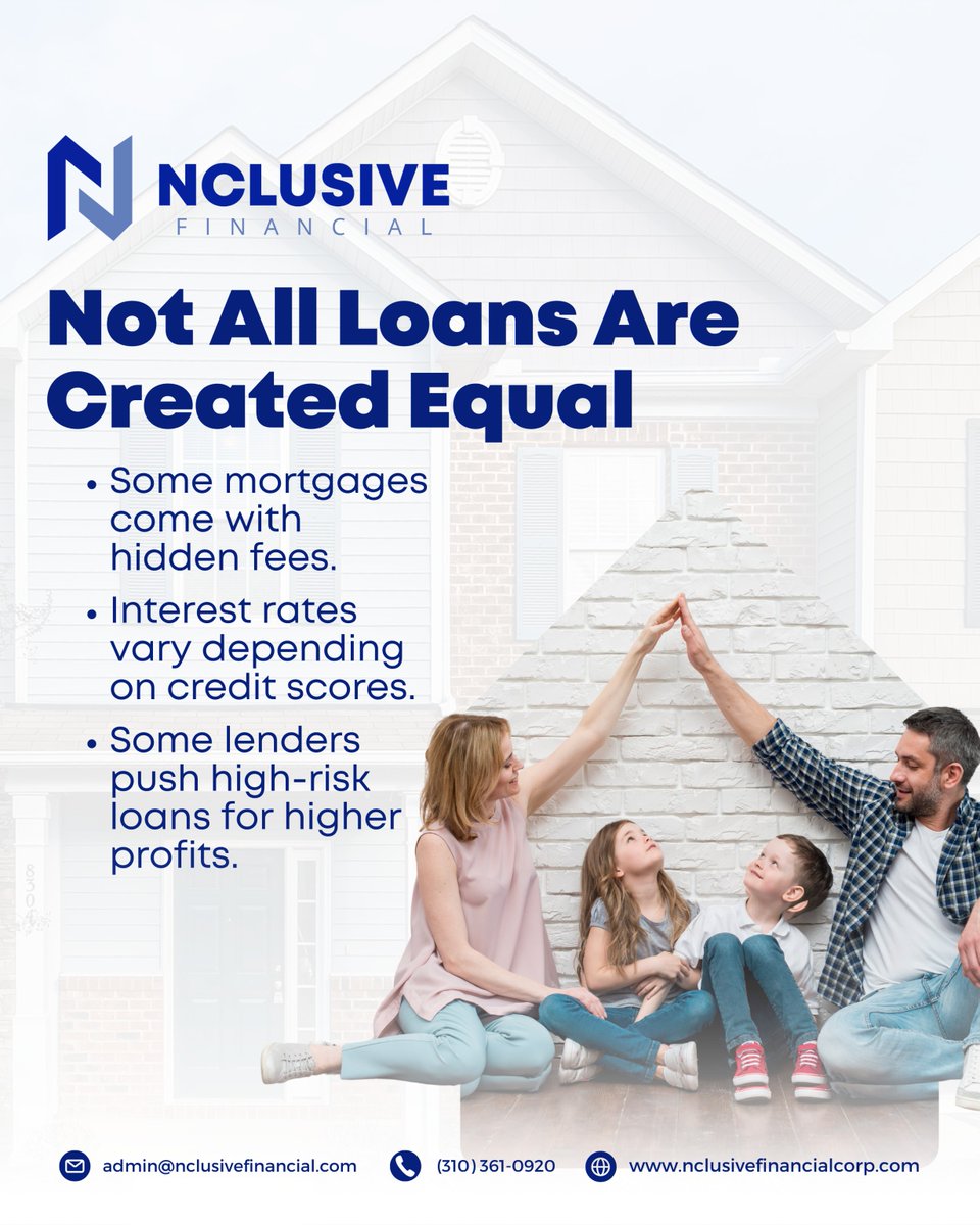 nclusiveloans's tweet image. When it comes to home loans, not every offer is what it seems. 

It’s crucial to:

✅ Understand all loan terms
✅ Know how your credit score affects rates
✅ Ask questions about fees—both hidden and obvious

#SmartHomeBuying #MortgageTruths #NclusiveLoans #HomeLoans #Tips