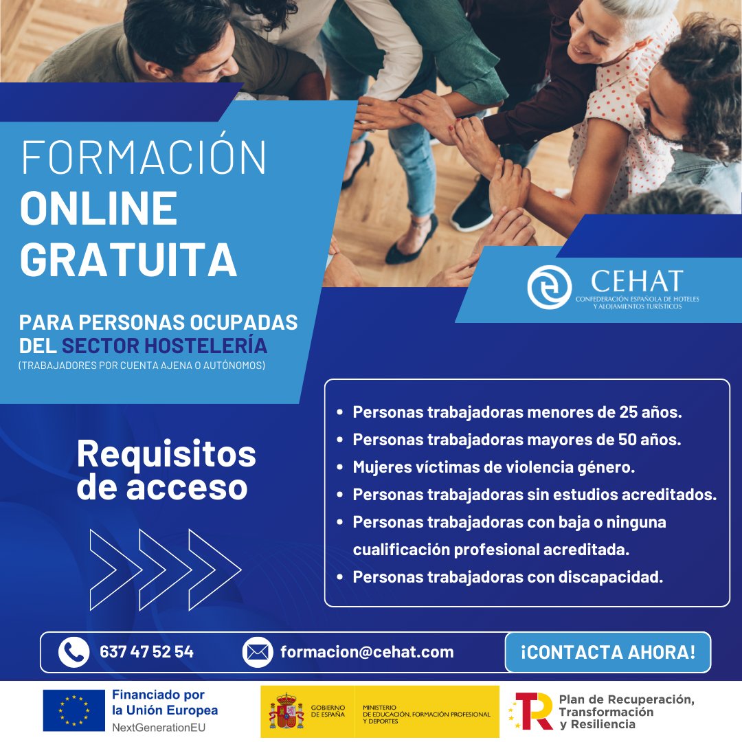 CEHATes's tweet image. 📣 ¡Formación online gratuita para trabajadores de hostelería!  

🔹 Flexible, sin coste y adaptada a tu jornada.  

📞 637 475 254
📧 formacion@cehat.com  

#formacionhosteleria #hosteleria #empleohoy #cursosonlinegratis #gastronomia