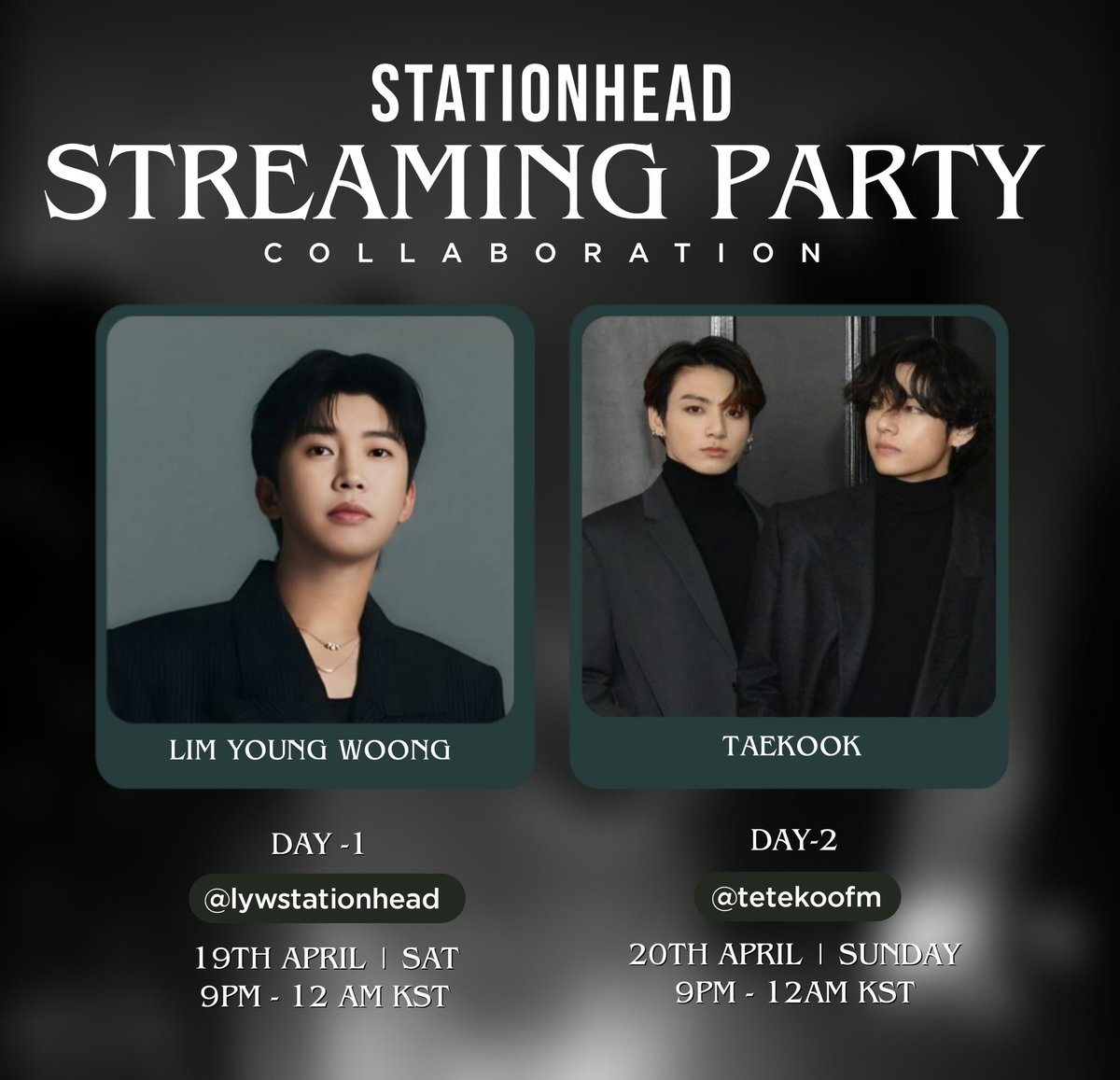 tetekoofm's tweet photo. 🔔STREAMING COLLAB PARTY ‼️

Let's get ready for an epic Collab with @lywstationhead, and celebrate unique music and artistry together.

Make sure to join us!💜
⏰:9PM-12AM KST 

19th:https://t.co/TwqSDVHx2t
20th:https://t.co/98nKp7Cqp0

#임영웅 #V #Jungkook
#LimYoungWoong  #태국 https://t.co/YsXBuQIqPF